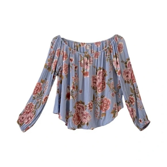 Billabong | Mi Amore Blue Crepe Grandma Floral Off The Shoulder Top, Small - Picture 1 of 6